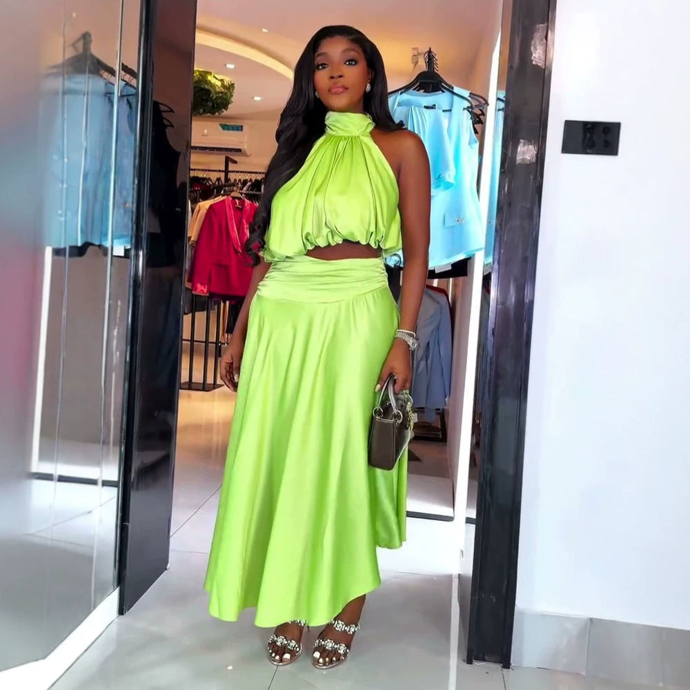European and american cross-border women's fashion:  summer new collection - stylish halter neck sleeveless top and high-waisted midi skirt set