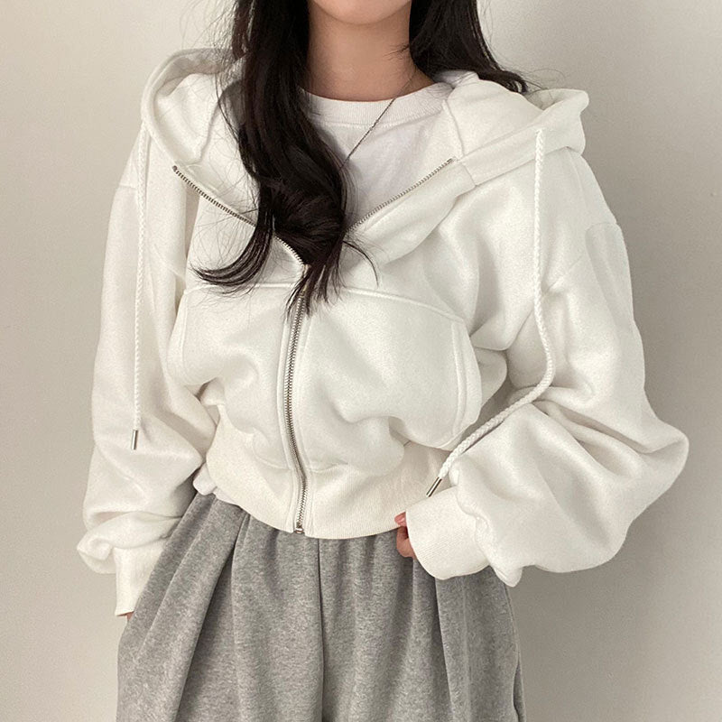 autumn new arrivals: ins-style fleece-lined, versatile, fashionable, short, slim-fit, zip-up, warm, solid color hooded sweatshirt for women