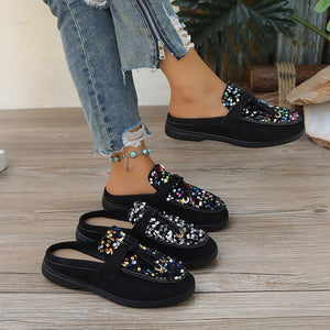 Plus size sequin flat slippers for women - soft sole, comfortable slip-on mules, stylish and versatile lazy shoes for outdoor wear