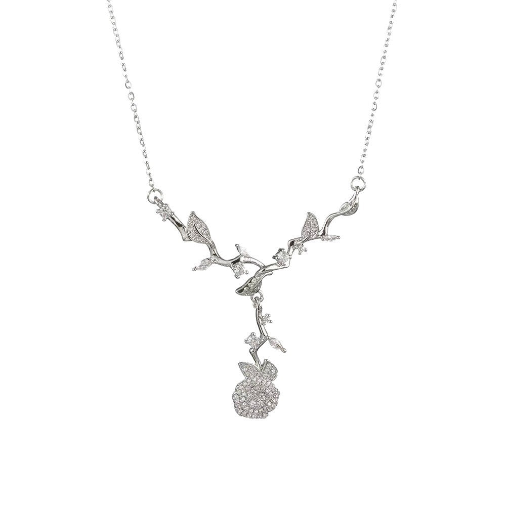 [titanium steel] gorgeous full diamond rose copper inlaid zirconium necklace light luxury niche high-end collarbone chain earrings set