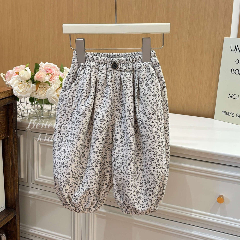 Girls' fall/winter fleece-lined floral bloomer pants, korean style baby girl outerwear, casual chic long pants, trendy children's clothing