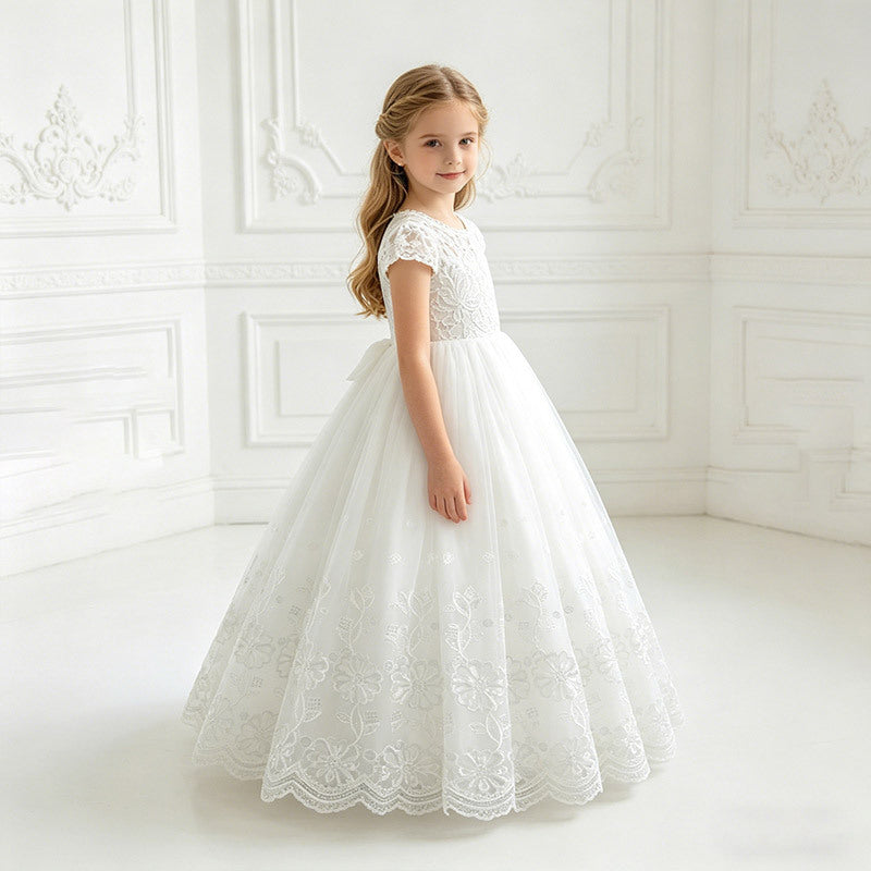 Amazon cross-border girls' dress - white minimalist style fashionable lace patchwork children's dress - new summer collection