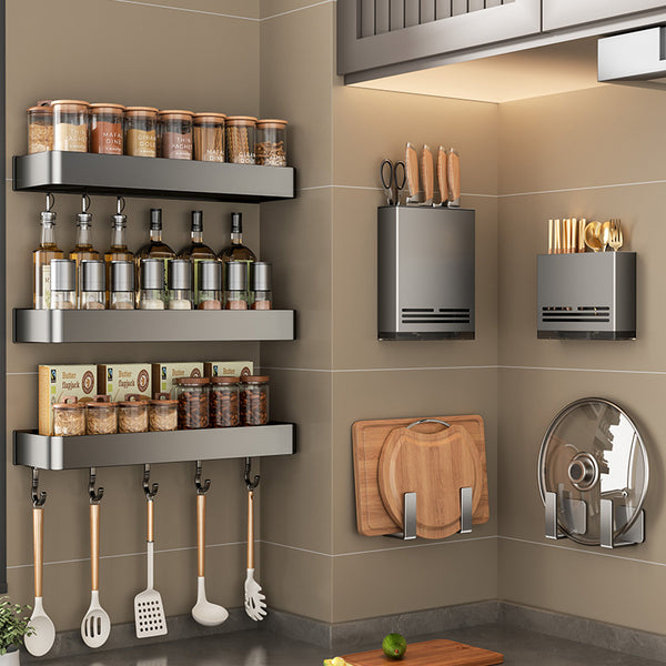 Gun ash kitchen rack non-punching wall-mounted condiments multi-functional knife holder cutting board drain storage seasoning rack
