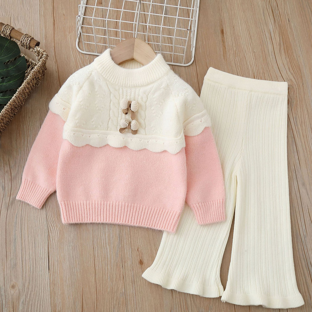 Girls' knitted sweater two-piece set: round neck, handmade floral detail, autumn/winter  new collection, pullover knitwear outfit for little girls