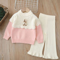 Girls' knitted sweater two-piece set: round neck, handmade floral detail, autumn/winter  new collection, pullover knitwear outfit for little girls