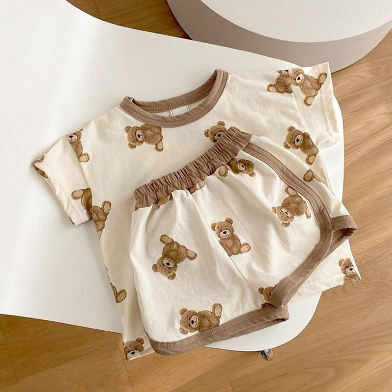 Summer korean style baby cute cartoon bear two-piece set - trendy & breathable loungewear for toddlers & infants (boys & girls)