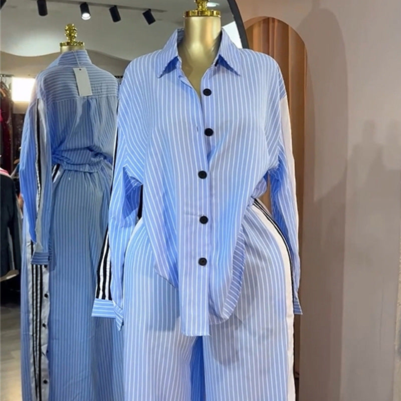 European and american cross-border women's fashion:  autumn new collection - stylish notch collar striped long sleeve shirt and high-waisted wide leg pants set