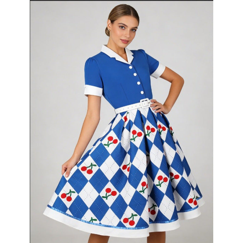 Amazon fashion retro short sleeve printing dress women  summer new arrival silmslimming look skirt