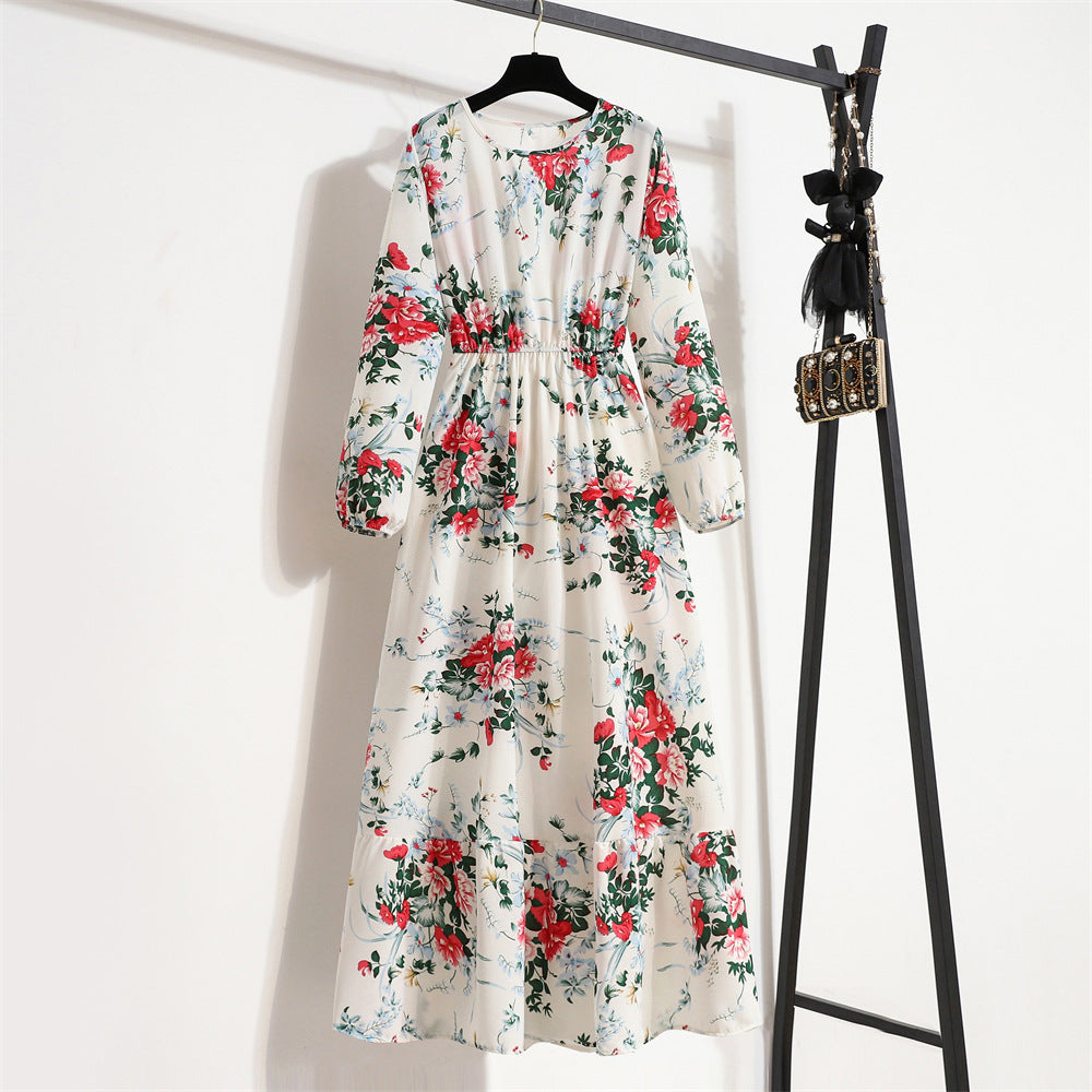 Shopee tk floral dress women's french round neck waist long light mature classysense slimming look cross-border early spring style