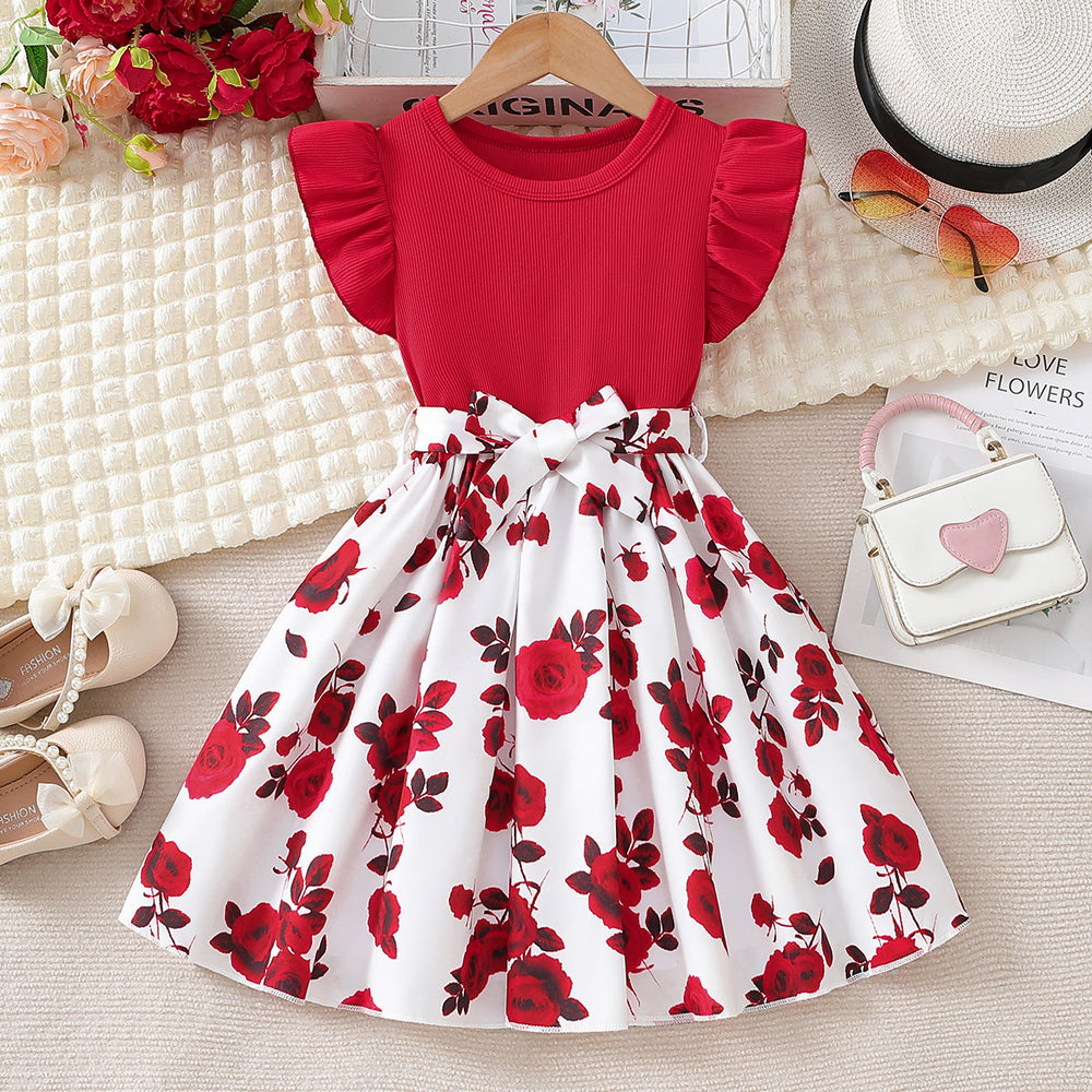 Girls' export dress - red flutter sleeve crew neck patchwork princess dress - rose print summer a-line skirt for children
