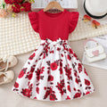Girls' export dress - red flutter sleeve crew neck patchwork princess dress - rose print summer a-line skirt for children