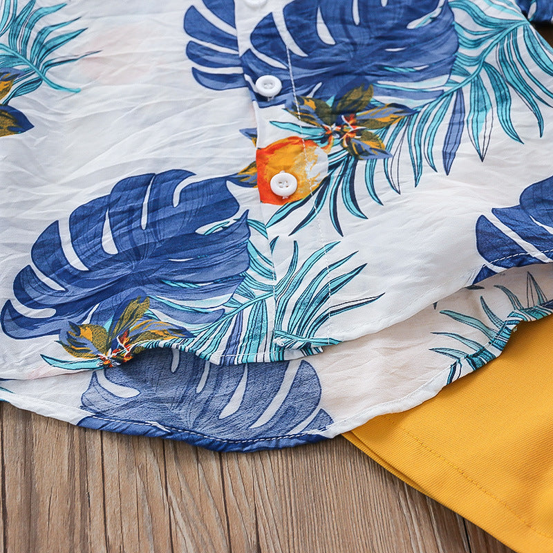 Amazon new spring/summer boys' leaf print short sleeve and shorts set - beach vacation style two-piece outfit