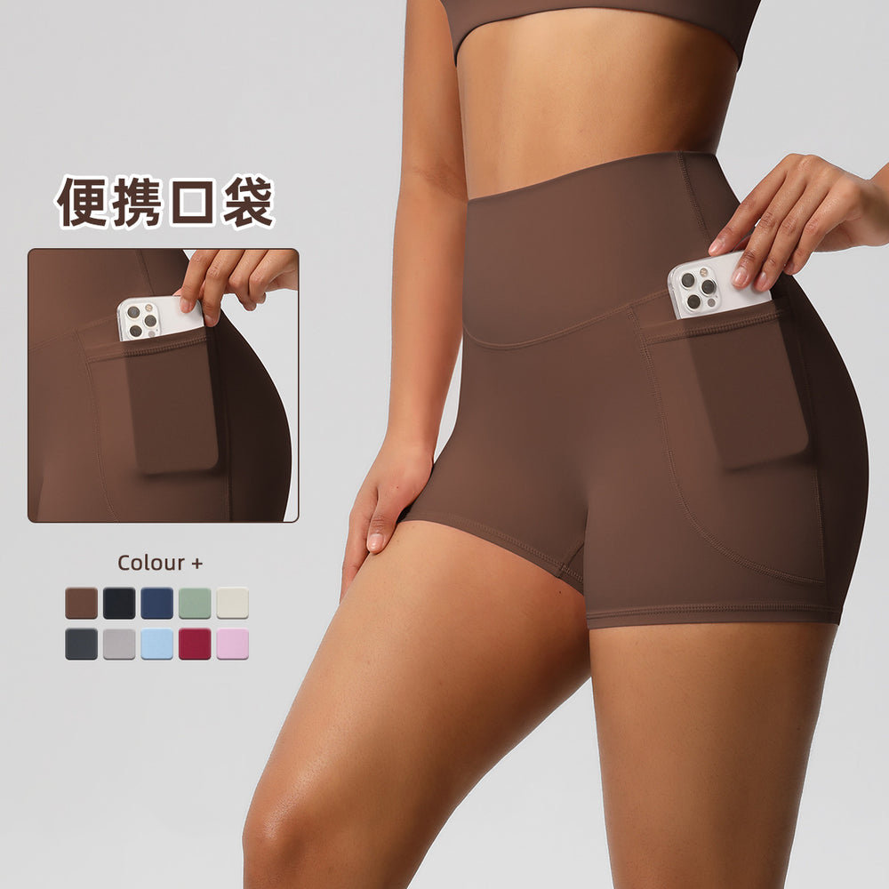 fashion brushed pure colorflap pocket pants high waist tight high elastic yoga shorts sports running fitness three-quarter pants for women