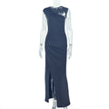 Fashion style cross-border eleganceelegant women's pure color pleated silm slit hip skirt oblique collar cut out longdress