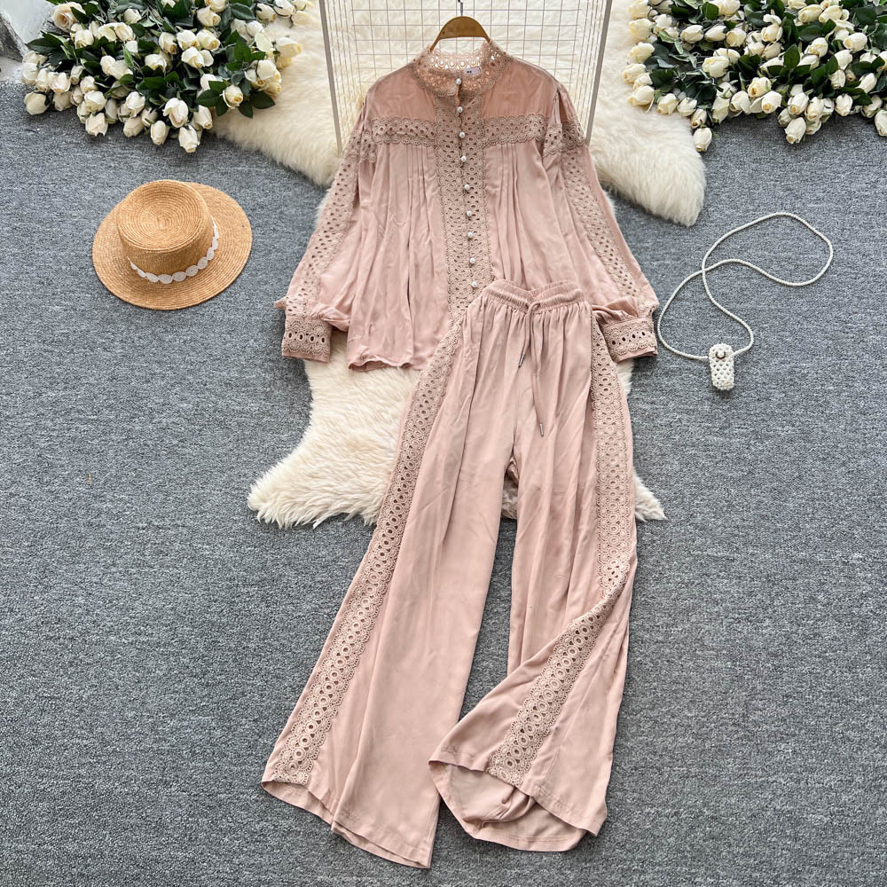 French court style chic lace patchwork pearl button lantern sleeve blouse and high-waisted wide leg casual pants set
