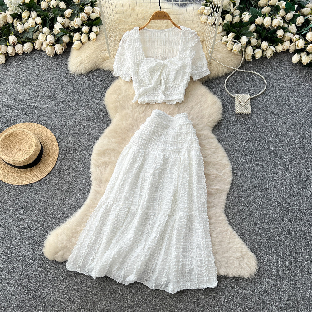 Vacation style bubble pleated square neck short-sleeved dress women's high waist pleated a-line skirt slimming lookeleganttwo-piece set