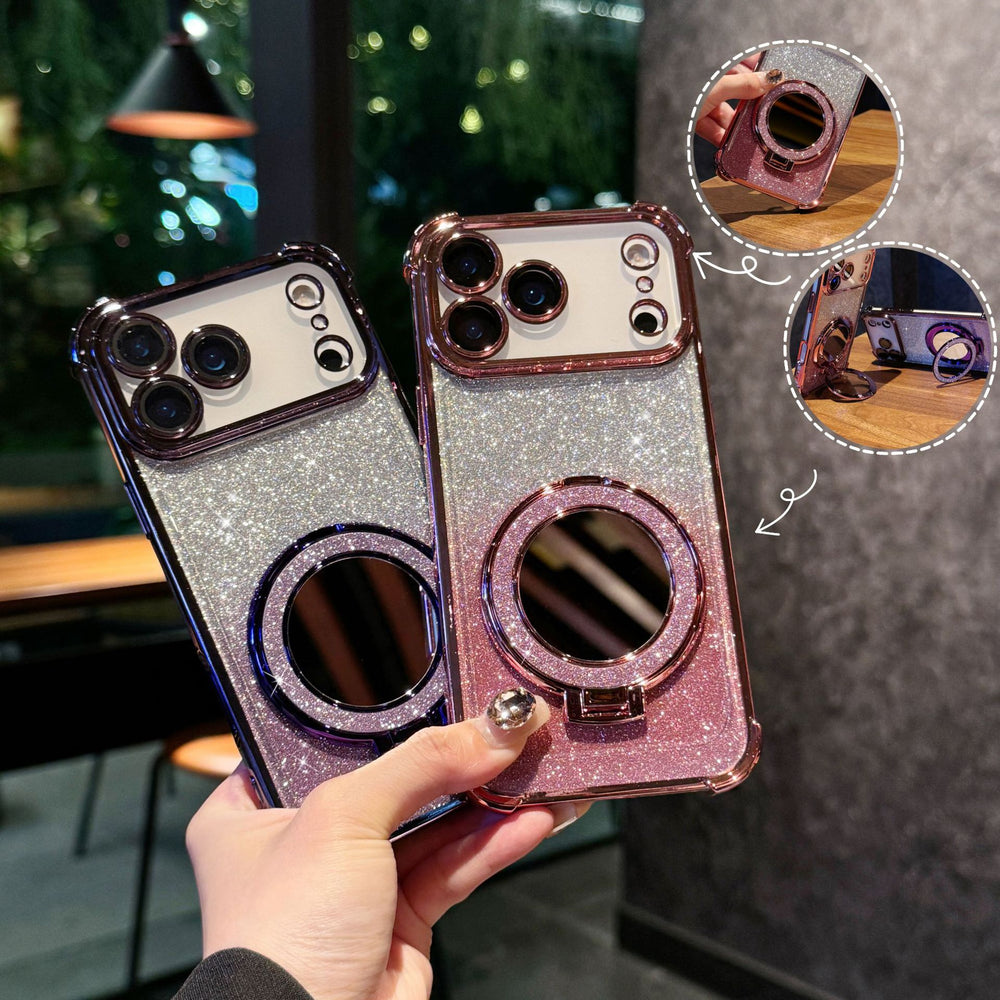 Glitter mirror magnetic stand compatible iphone 17 pro case, 16, apple 13, four-corner electroplated drop-proof protection