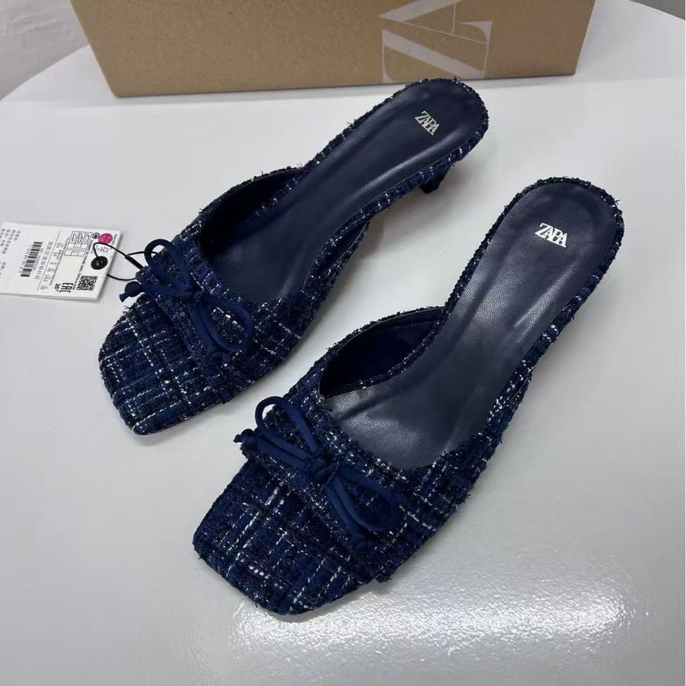 Za summer 2025 new women's bow-embellished high-heeled square-toe mules - stylish and elegant open-back sandals