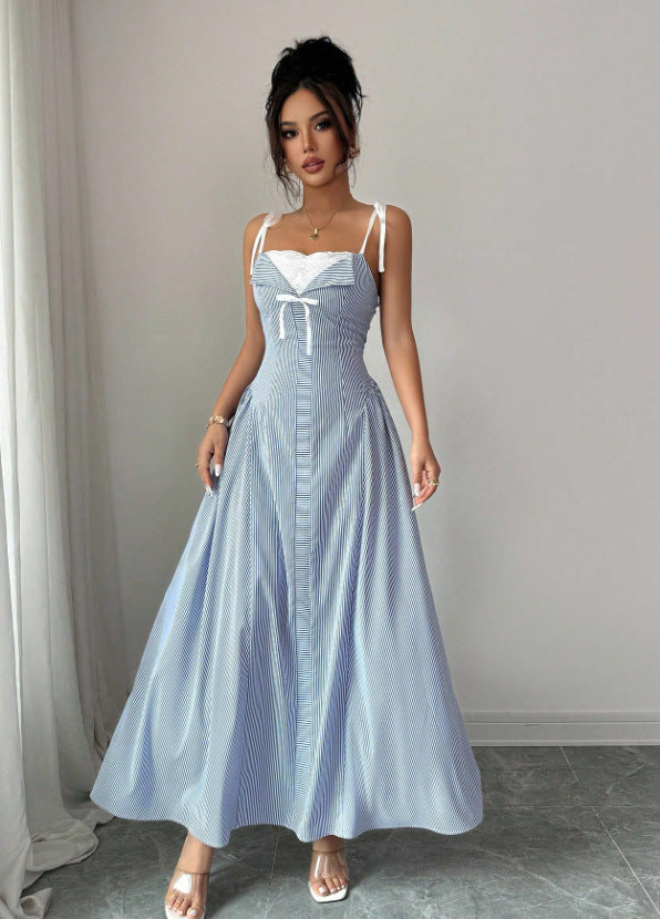 high-end, atmospheric summer dress: lace-trimmed, two-piece look, spaghetti strap maxi dress for women
