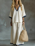 fashion women's summer two-piece set: casual solid color v-neck loose-fit short sleeve top and pants