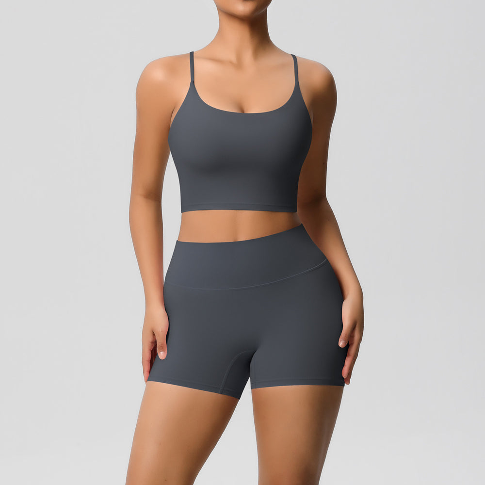 New arrival: cross-border brushed solid color racerback compression breathable yoga set - women's activewear running & fitness shorts set