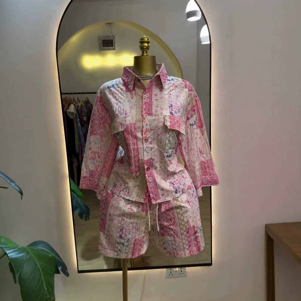 European and american cross-border women's fashion:  summer new arrivals - stylish casual printed loose-fit shirt top and wide-leg shorts set