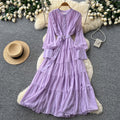 French pink bubble sleeve rhinestone dress - women's summer cinched waist ruffle tiered a-line maxi dress - elegant style