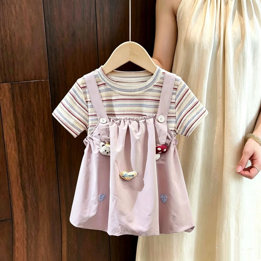 Girls' summer suspender dress,  new style children's dress, faux two-piece chic short-sleeve baby summer outfit