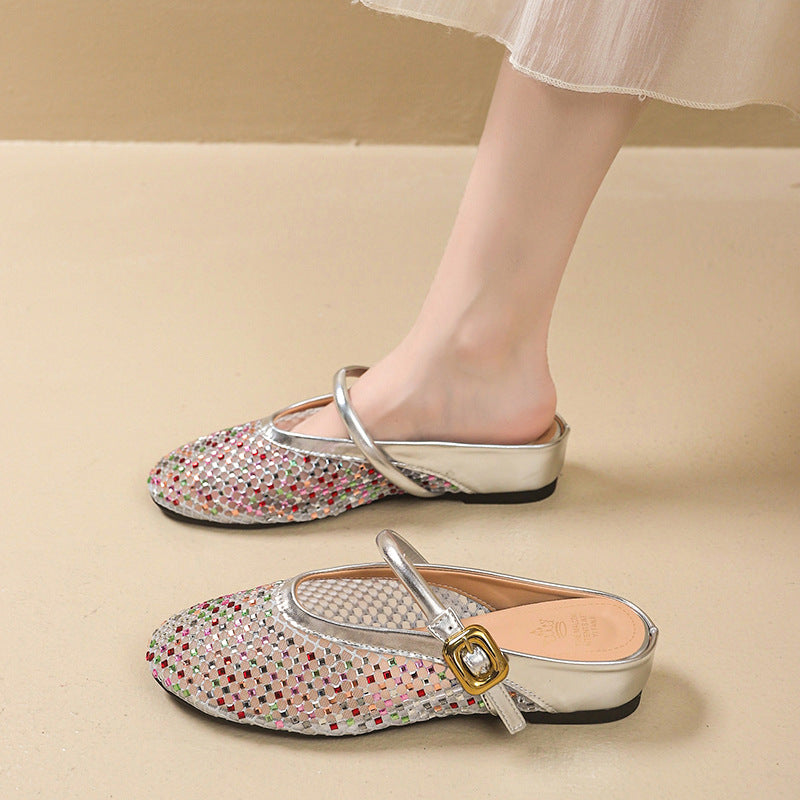 Simple summer 2025 new arrival plaid mesh cut out breathable toe shoes women's rhinestone home outwear one-word buckle cool