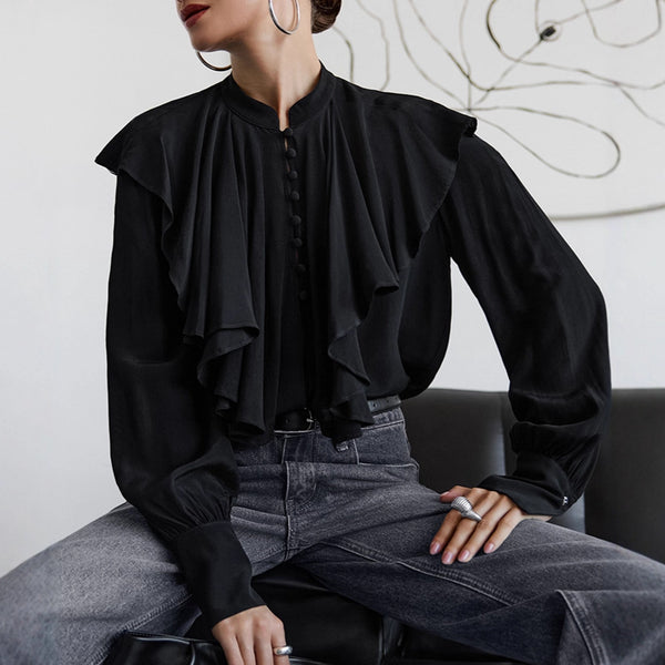 Court drape ruffle ruffle top 2025 autumn elegant loose black stand-up neck chiffon shirt  women's clothing