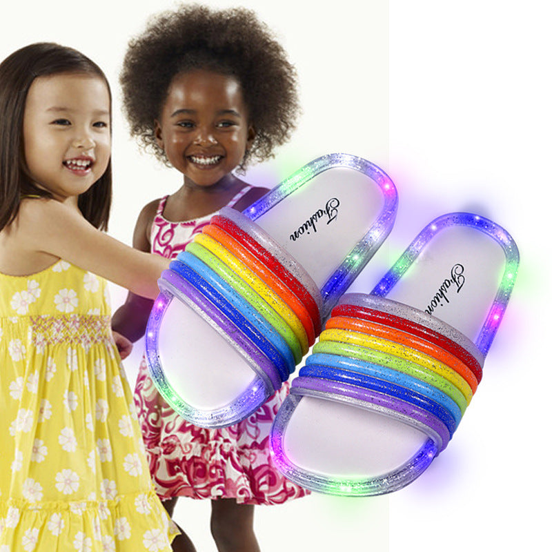 2024 children's slippers - summer new arrival: trendy, high-value rainbow light-up indoor/outdoor one-strap slides for girls