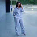 European and american cross-border women's clothing  summer new fashion casual loose striped shirt wide-leg pants casual set