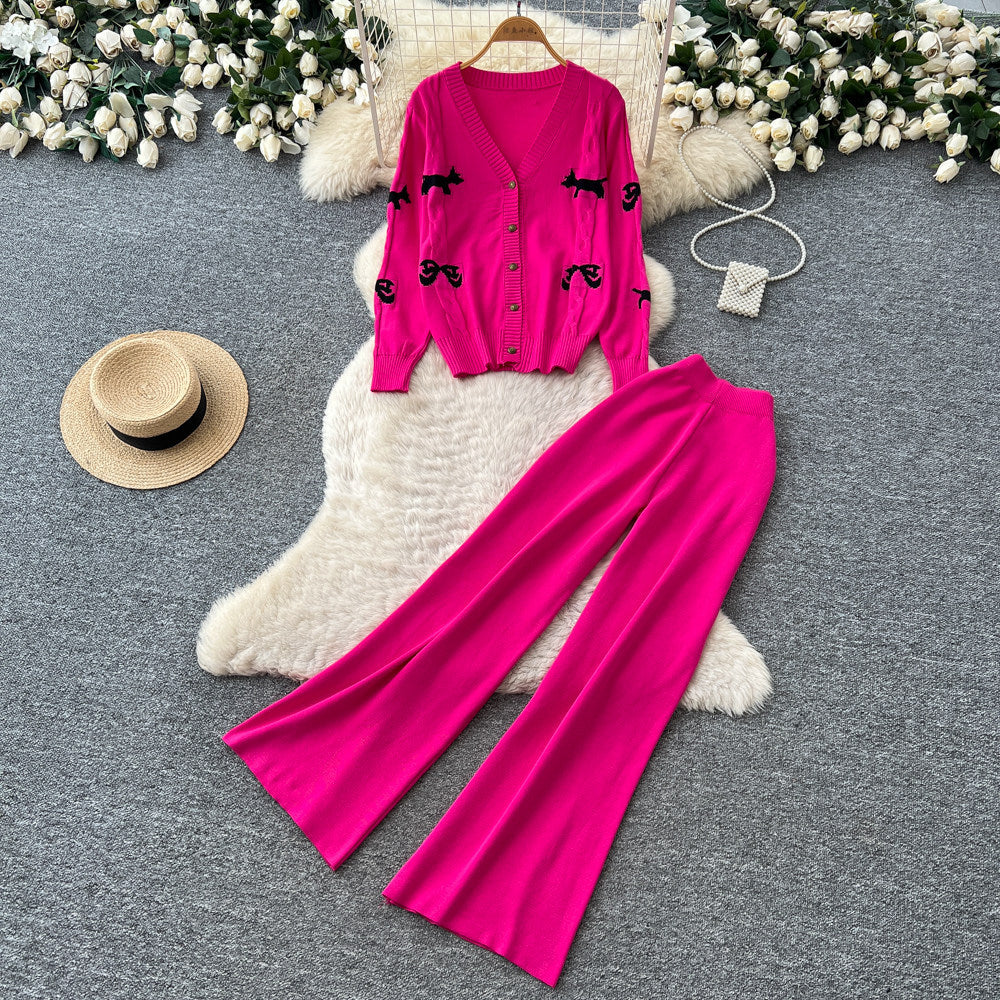 Fashionexportv necksweetcardigantopsloose pantsknittingtwo-piece setfemalefall and winter silmelegantsuit