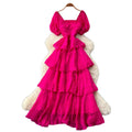 French riviera style puff sleeve square neck dress - women's summer slimming a-line maxi dress with tiered ruffle hem