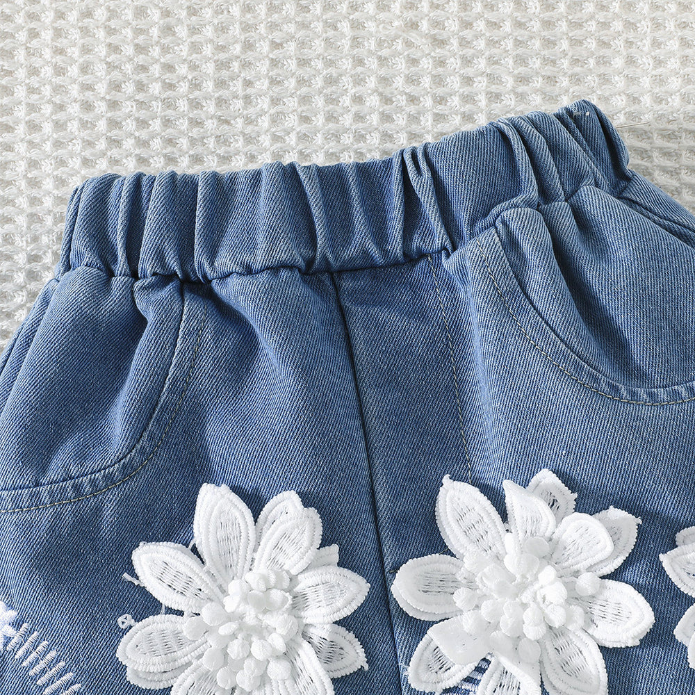 new european and american style girls' outfit: bowknot cami top + floral denim shorts set