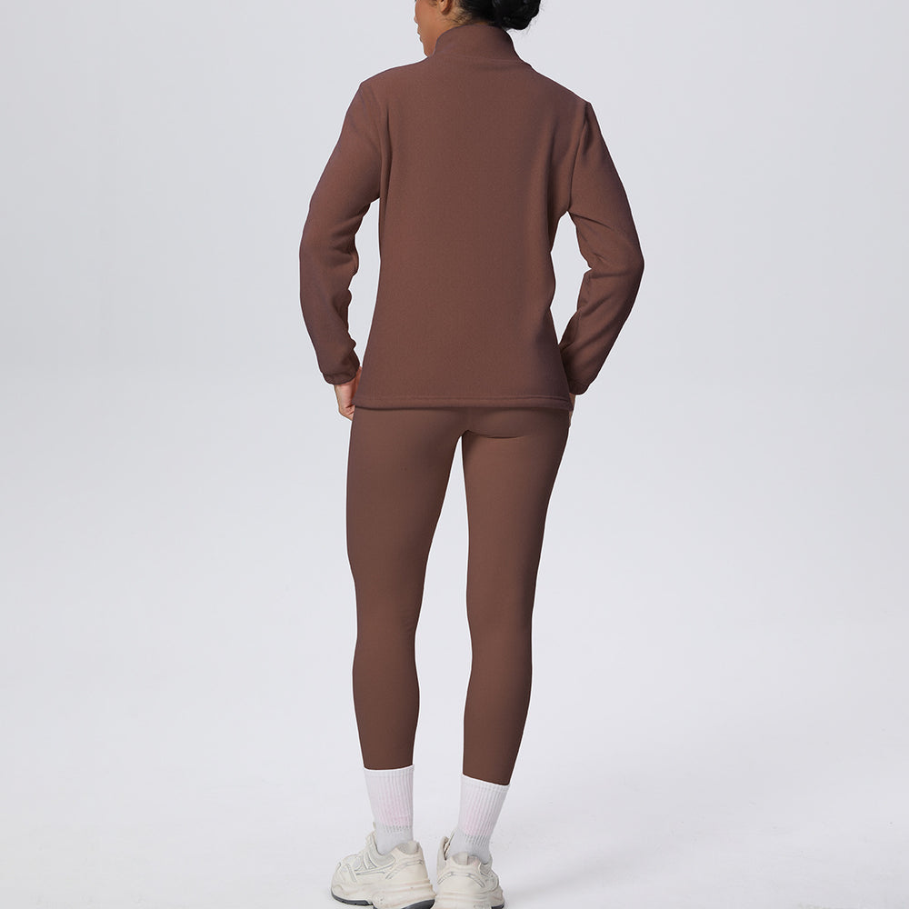 New arrival: solid color fleece-lined stand collar zip-up jacket and pants yoga set - two-piece activewear for running and fitness