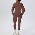 New arrival: solid color fleece-lined stand collar zip-up jacket and pants yoga set - two-piece activewear for running and fitness