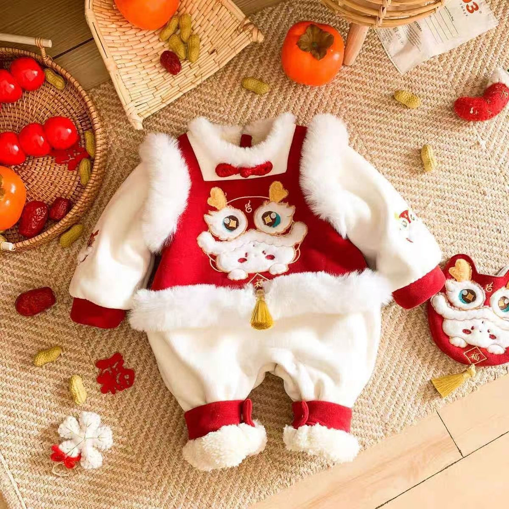 Newborn baby winter fleece-lined warm romper - unisex, festive first birthday & full month celebration, thickened crawling suit, trendy onesie