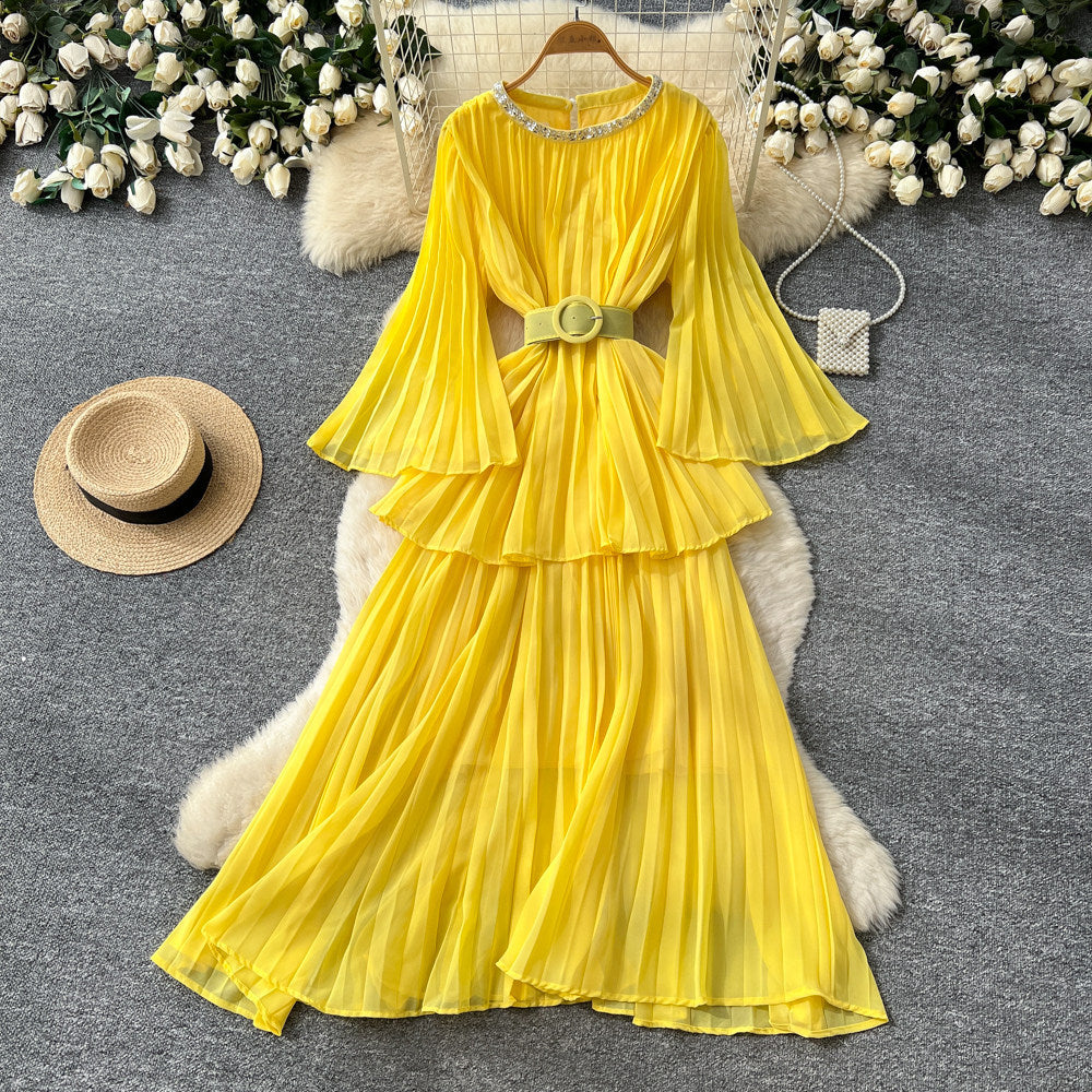 Heavy industry diamond-encrusted bell sleeves pleated sequindress women's red waist slimming look a-line large skirt qianjin style
