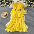 Heavy industry diamond-encrusted bell sleeves pleated sequindress women's red waist slimming look a-line large skirt qianjin style