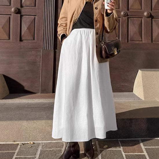 French elegant white A-shaped skirt women's 2025 spring and summer  temperament drape high waist cotton and linen long skirt women's clothing