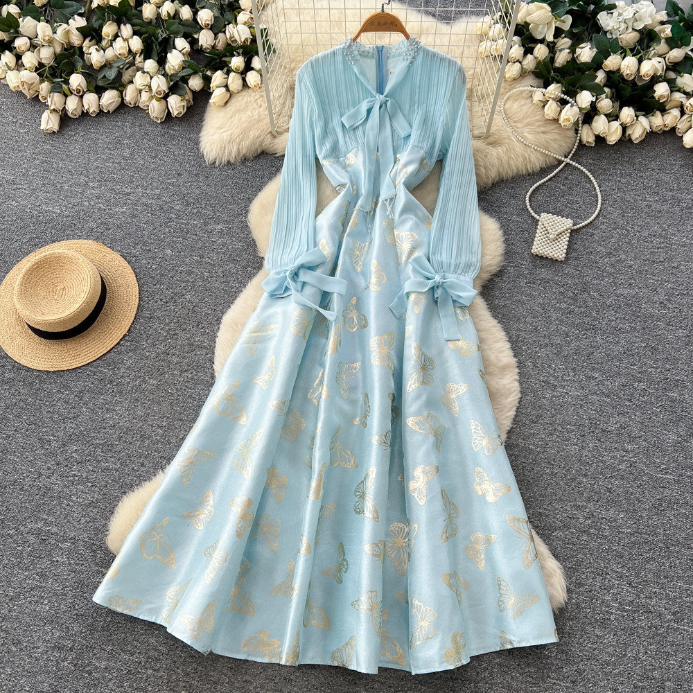 French chic butterfly print square neck dress - women's early spring outfit, high-waisted a-line skirt, figure-flattering, high-end style
