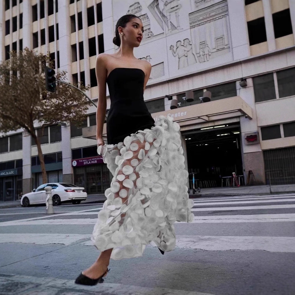 export women's summer new sexy bandeau backless dress - black and white 3d polka dot maxi flared skirt