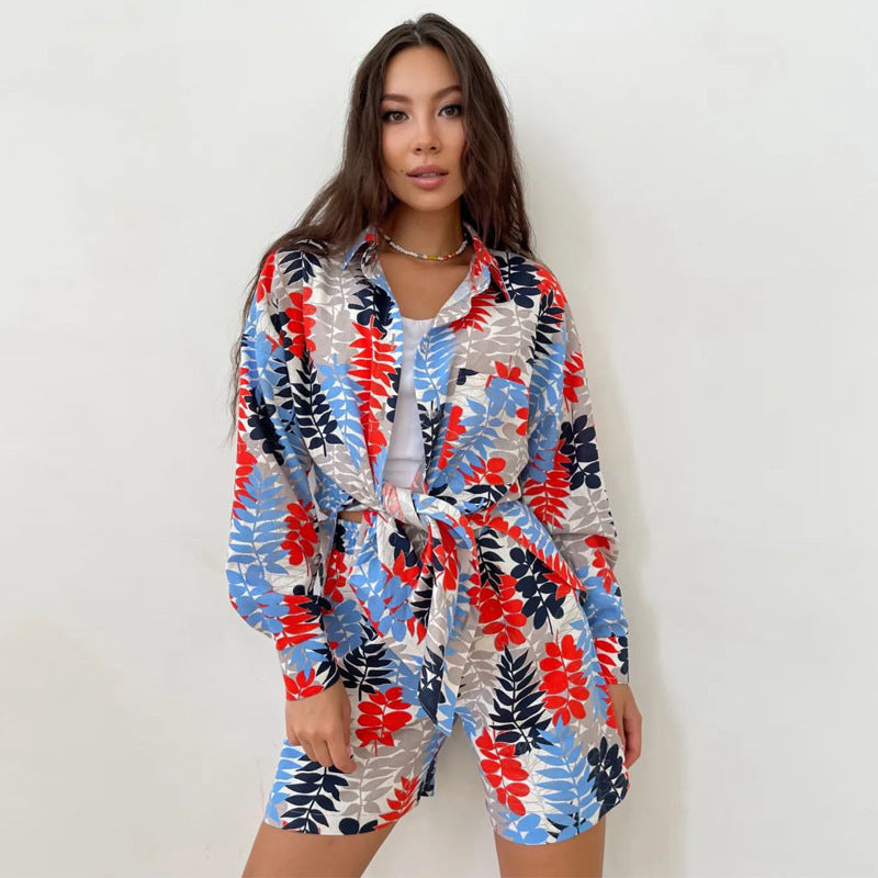 European and American large-size women's clothing fashion lapel cardigan shirt casual shorts   long-sleeved printing two-piece set women