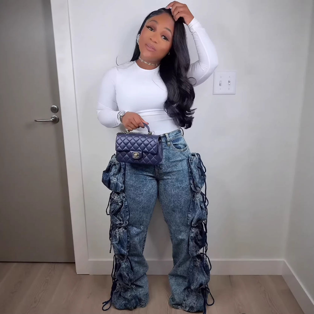 European and american style women's denim cargo pants -  cross-border fashion, streetwear-inspired, multi-pocket design, straight-leg trousers