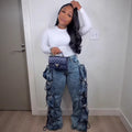 European and american style women's denim cargo pants -  cross-border fashion, streetwear-inspired, multi-pocket design, straight-leg trousers
