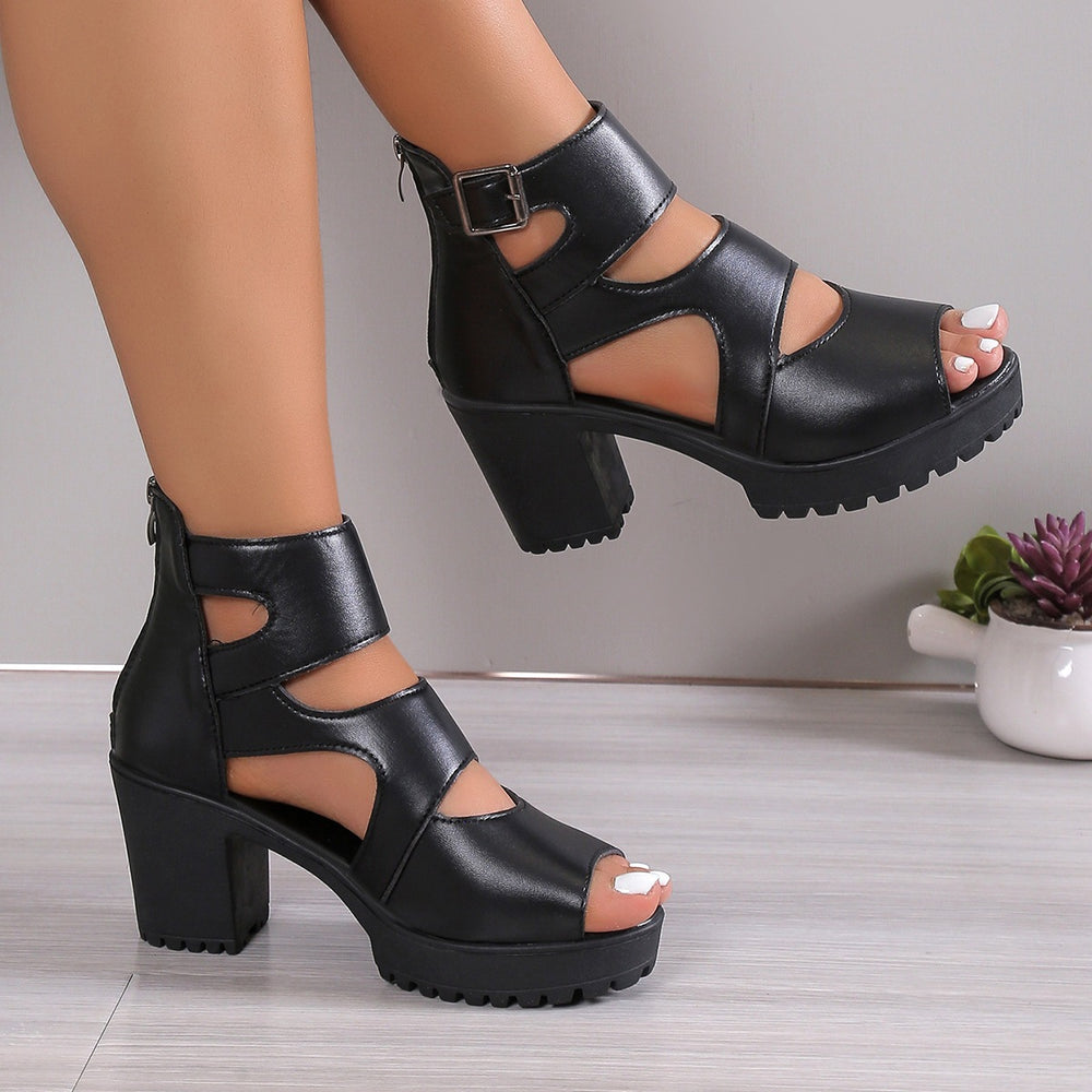 Exportplus size roman sandals women's summer new arrivalthick solewaterproof platform thick heel fish mouth sandals women's easiest for matchcut out sandals