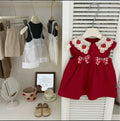 Baby girl summer romper dress with bow, hip-hugging pants, sweet & cute red strawberry design, adorable vest style