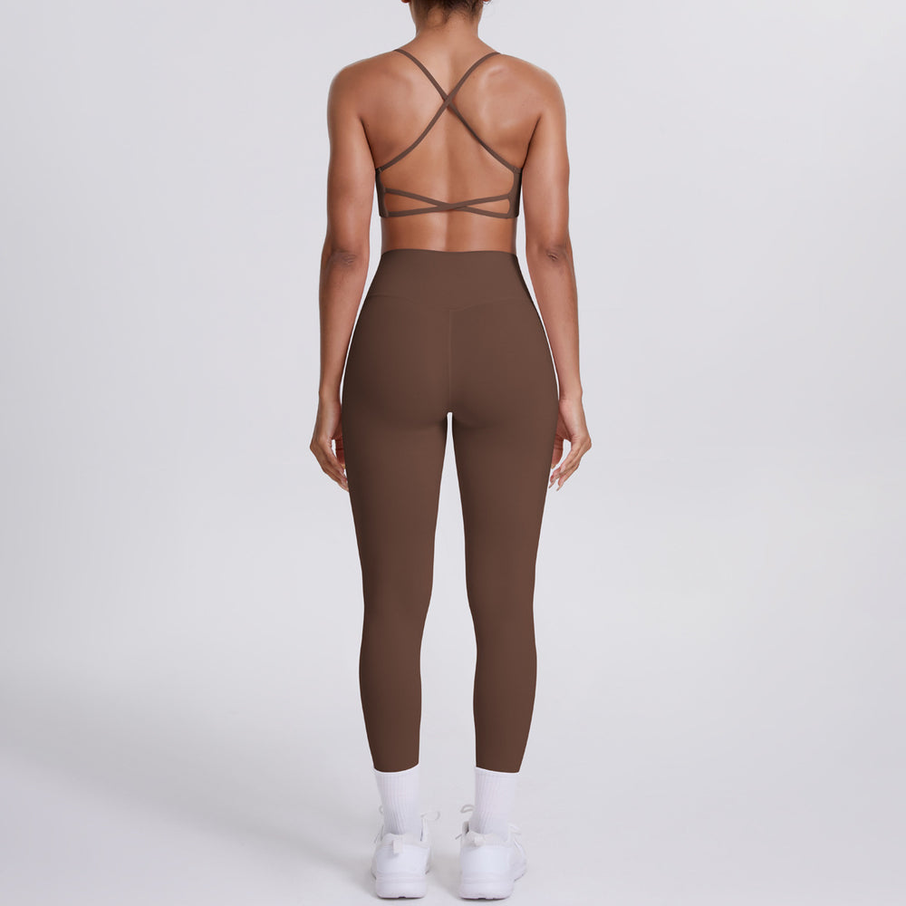 New arrival cross-border fashion double-sided nylon beautiful back tight cross sports yoga suit running fitness two-piece set