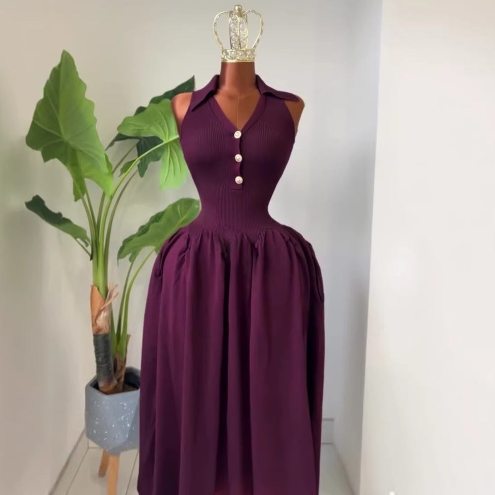 European and american cross-border women's fashion  summer new arrival: elegant lapel v-neck high-waisted a-line midi sleeveless dress